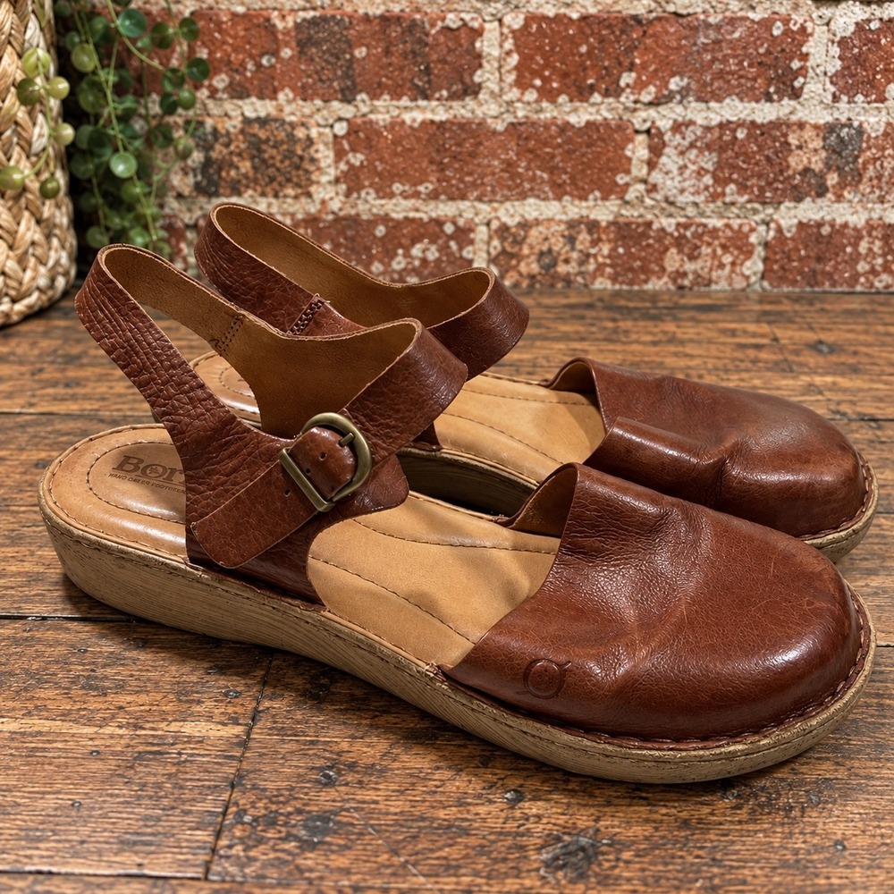 Born 11 Brown Leather Slingback Wedge Sandals Cottagecore Boho Lagenlook